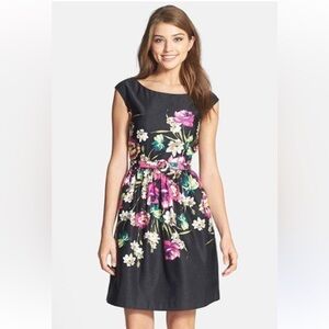 Eliza J A Line Dress Womens 4 Black Purple Floral Belted Lined Sleeveless